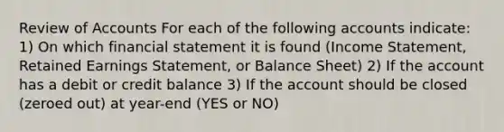 Review of Accounts For each of the following accounts indicate: 1) On which financial statement it is found (Income Statement, Retained Earnings Statement, or Balance Sheet) 2) If the account has a debit or credit balance 3) If the account should be closed (zeroed out) at year-end (YES or NO)