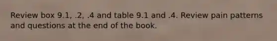 Review box 9.1, .2, .4 and table 9.1 and .4. Review pain patterns and questions at the end of the book.