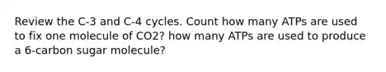 Review the C-3 and C-4 cycles. Count how many ATPs are used to fix one molecule of CO2? how many ATPs are used to produce a 6-carbon sugar molecule?