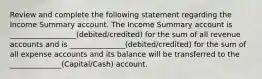 Review and complete the following statement regarding the Income Summary account. The Income Summary account is __________________(debited/credited) for the sum of all revenue accounts and is _______________(debited/credited) for the sum of all expense accounts and its balance will be transferred to the ______________(Capital/Cash) account.