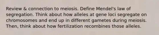 Review & connection to meiosis. Define Mendel's law of segregation. Think about how alleles at gene loci segregate on chromosomes and end up in different gametes during meiosis. Then, think about how fertilization recombines those alleles.