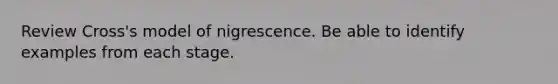 Review Cross's model of nigrescence. Be able to identify examples from each stage.