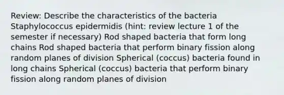 Review: Describe the characteristics of the bacteria Staphylococcus epidermidis (hint: review lecture 1 of the semester if necessary) Rod shaped bacteria that form long chains Rod shaped bacteria that perform binary fission along random planes of division Spherical (coccus) bacteria found in long chains Spherical (coccus) bacteria that perform binary fission along random planes of division