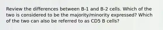 Review the differences between B-1 and B-2 cells. Which of the two is considered to be the majority/minority expressed? Which of the two can also be referred to as CD5 B cells?