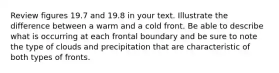 Review figures 19.7 and 19.8 in your text. Illustrate the difference between a warm and a cold front. Be able to describe what is occurring at each frontal boundary and be sure to note the type of clouds and precipitation that are characteristic of both types of fronts.