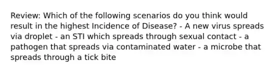 Review: Which of the following scenarios do you think would result in the highest Incidence of Disease? - A new virus spreads via droplet - an STI which spreads through sexual contact - a pathogen that spreads via contaminated water - a microbe that spreads through a tick bite