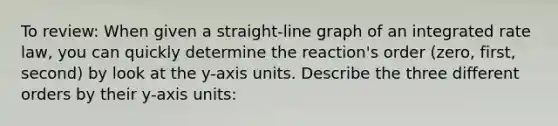 To review: When given a straight-<a href='https://www.questionai.com/knowledge/kCarlwtSzb-line-graph' class='anchor-knowledge'>line graph</a> of an integrated rate law, you can quickly determine the reaction's order (zero, first, second) by look at the y-axis units. Describe the three different orders by their y-axis units: