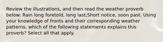 Review the illustrations, and then read the weather proverb below: Rain long foretold, long last;Short notice, soon past. Using your knowledge of fronts and their corresponding weather patterns, which of the following statements explains this proverb? Select all that apply.