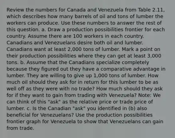 Review the numbers for Canada and Venezuela from Table 2.11, which describes how many barrels of oil and tons of lumber the workers can produce. Use these numbers to answer the rest of this question. a. Draw a production possibilities frontier for each country. Assume there are 100 workers in each country. Canadians and Venezuelans desire both oil and lumber. Canadians want at least 2,000 tons of lumber. Mark a point on their production possibilities where they can get at least 3,000 tons. b. Assume that the Canadians specialize completely because they figured out they have a comparative advantage in lumber. They are willing to give up 1,000 tons of lumber. How much oil should they ask for in return for this lumber to be as well off as they were with no trade? How much should they ask for if they want to gain from trading with Venezuela? Note: We can think of this "ask" as the relative price or trade price of lumber. c. Is the Canadian "ask" you identified in (b) also beneficial for Venezuelans? Use the production possibilities frontier graph for Venezuela to show that Venezuelans can gain from trade.