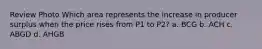 Review Photo Which area represents the increase in producer surplus when the price rises from P1 to P2? a. BCG b. ACH c. ABGD d. AHGB