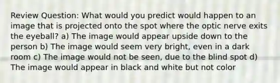 Review Question: What would you predict would happen to an image that is projected onto the spot where the optic nerve exits the eyeball? a) The image would appear upside down to the person b) The image would seem very bright, even in a dark room c) The image would not be seen, due to the blind spot d) The image would appear in black and white but not color