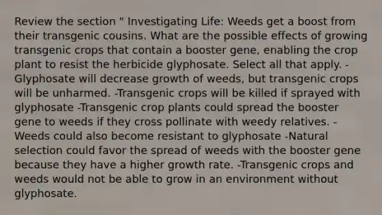 Review the section " Investigating Life: Weeds get a boost from their transgenic cousins. What are the possible effects of growing transgenic crops that contain a booster gene, enabling the crop plant to resist the herbicide glyphosate. Select all that apply. - Glyphosate will decrease growth of weeds, but transgenic crops will be unharmed. -Transgenic crops will be killed if sprayed with glyphosate -Transgenic crop plants could spread the booster gene to weeds if they cross pollinate with weedy relatives. -Weeds could also become resistant to glyphosate -Natural selection could favor the spread of weeds with the booster gene because they have a higher growth rate. -Transgenic crops and weeds would not be able to grow in an environment without glyphosate.