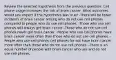 Review the selected hypothesis from the previous question: Cell phone usage increases the risk of brain cancer. What outcomes would you expect if the hypothesis was true? -There will be fewer incidents of brain cancer among who do not use cell phones compared to people who do use cell phones. -Those who use cell phones will always get brain cancer -Those who do not sue cell phones never get brain cancer. -People who use cell phones have brain cancer more often than those who do not use cell phones. -People who use cell phones cell phones for not have brain cancer more often than those who do not use cell phones. -There is an equal number of people with brain cancer who use and do not use cell phones.