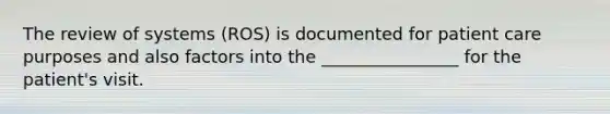 The review of systems (ROS) is documented for patient care purposes and also factors into the ________________ for the patient's visit.