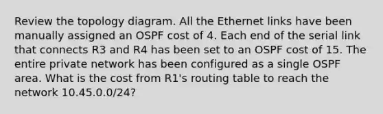 Review the topology diagram. All the Ethernet links have been manually assigned an OSPF cost of 4. Each end of the serial link that connects R3 and R4 has been set to an OSPF cost of 15. The entire private network has been configured as a single OSPF area. What is the cost from R1's routing table to reach the network 10.45.0.0/24?