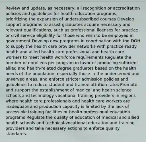 Review and update, as necessary, all recognition or accreditation policies and guidelines for health education programs, prioritizing the expansion of undersubscribed courses Develop support programs to assist graduates acquire necessary and relevant qualifications, such as professional licenses for practice or civil service eligibility for those who wish to be employed in government Develop new programs in coordination with the DOH to supply the health care provider networks with practice-ready health and allied health care professional and health care workers to meet health workforce requirements Regulate the number of enrollees per program in favor of producing sufficient allied and health-related degree graduates based on the health needs of the population, especially those in the underserved and unserved areas, and enforce stricter admission policies and guidelines to reduce student and trainee attrition rates Promote and support the establishment of medical and health science schools and technology vocational training providers in regions where health care professionals and health care workers are inadequate and production capacity is limited by the lack of accessible training facilities or health professional education programs Regulate the quality of education of medical and allied health schools and technical-vocational education and training providers and take necessary actions to enforce quality standards.