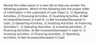 Review the video opens in a new tab to help you answer the following question. Which of the following lists the proper order of information in the statement of cash​ flows? A. ​1) Operating​ Activities, 2) Financing​ Activities, 3) Investing​ Activities, 4) Net​ Increase/(Decrease) in Cash B. ​1) Net​ Increase/(Decrease) in​ Cash, 2) Operating​ Activities, 3) Investing​ Activities, 4) Financing Activities C. ​1) Operating​ Activities, 2) Investing​ Activities, 3) Financing​ Activities, 4) Net​ Increase/(Decrease) in Cash D. ​1) Investing​ Activities, 2) Financing​ Activities, 3) Operating​ Activities, 4) Net​ Increase/(Decrease) in Cash