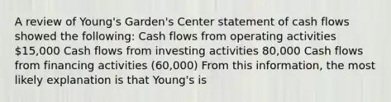 A review of Young's Garden's Center statement of cash flows showed the following: Cash flows from operating activities 15,000 Cash flows from investing activities 80,000 Cash flows from financing activities (60,000) From this information, the most likely explanation is that Young's is