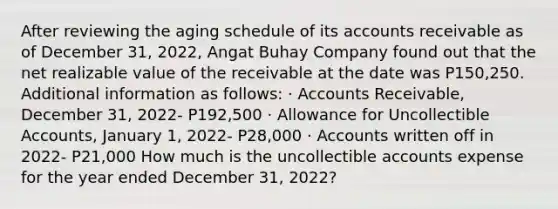 After reviewing the aging schedule of its accounts receivable as of December 31, 2022, Angat Buhay Company found out that the net realizable value of the receivable at the date was P150,250. Additional information as follows: · Accounts Receivable, December 31, 2022- P192,500 · Allowance for Uncollectible Accounts, January 1, 2022- P28,000 · Accounts written off in 2022- P21,000 How much is the uncollectible accounts expense for the year ended December 31, 2022?