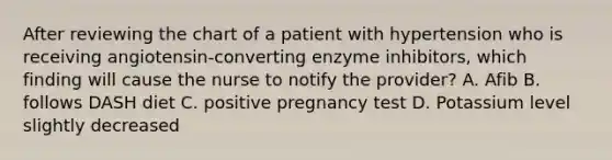 After reviewing the chart of a patient with hypertension who is receiving angiotensin-converting enzyme inhibitors, which finding will cause the nurse to notify the provider? A. Afib B. follows DASH diet C. positive pregnancy test D. Potassium level slightly decreased