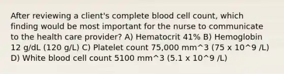 After reviewing a client's complete blood cell count, which finding would be most important for the nurse to communicate to the health care provider? A) Hematocrit 41% B) Hemoglobin 12 g/dL (120 g/L) C) Platelet count 75,000 mm^3 (75 x 10^9 /L) D) White blood cell count 5100 mm^3 (5.1 x 10^9 /L)