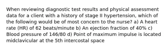 When reviewing diagnostic test results and physical assessment data for a client with a history of stage II hypertension, which of the following would be of most concern to the nurse? a) A heart rate (HR) of 62 beats/minute b) An ejection fraction of 40% c) Blood pressure of 146/80 d) Point of maximum impulse is located midclavicular at the 5th intercostal space