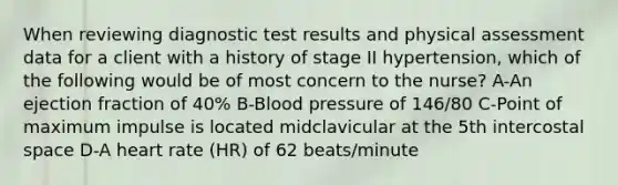 When reviewing diagnostic test results and physical assessment data for a client with a history of stage II hypertension, which of the following would be of most concern to the nurse? A-An ejection fraction of 40% B-<a href='https://www.questionai.com/knowledge/kD0HacyPBr-blood-pressure' class='anchor-knowledge'>blood pressure</a> of 146/80 C-Point of maximum impulse is located midclavicular at the 5th intercostal space D-A heart rate (HR) of 62 beats/minute