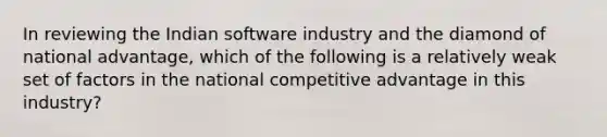 In reviewing the Indian software industry and the diamond of national advantage, which of the following is a relatively weak set of factors in the national competitive advantage in this industry?