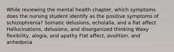 While reviewing the mental health chapter, which symptoms does the nursing student identify as the positive symptoms of schizophrenia? Somatic delusions, echolalia, and a flat affect Hallucinations, delusions, and disorganized thinking Waxy flexibility, alogia, and apathy Flat affect, avolition, and anhedonia