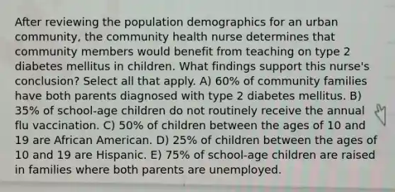 After reviewing the population demographics for an urban community, the community health nurse determines that community members would benefit from teaching on type 2 diabetes mellitus in children. What findings support this nurse's conclusion? Select all that apply. A) 60% of community families have both parents diagnosed with type 2 diabetes mellitus. B) 35% of school-age children do not routinely receive the annual flu vaccination. C) 50% of children between the ages of 10 and 19 are African American. D) 25% of children between the ages of 10 and 19 are Hispanic. E) 75% of school-age children are raised in families where both parents are unemployed.