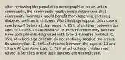 After reviewing the population demographics for an urban​ community, the community health nurse determines that community members would benefit from teaching on type 2 diabetes mellitus in children. What findings support this​ nurse's conclusion? Select all that apply. A. ​25% of children between the ages of 10 and 19 are Hispanic. B. ​60% of community families have both parents diagnosed with type 2 diabetes mellitus. C. ​35% of​ school-age children do not routinely receive the annual flu vaccination. D. ​50% of children between the ages of 10 and 19 are African American. E. ​75% of​ school-age children are raised in families where both parents are unemployed.