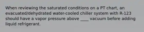 When reviewing the saturated conditions on a PT chart, an evacuated/dehydrated water-cooled chiller system with R-123 should have a vapor pressure above ____ vacuum before adding liquid refrigerant.