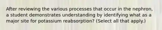 After reviewing the various processes that occur in the nephron, a student demonstrates understanding by identifying what as a major site for potassium reabsorption? (Select all that apply.)