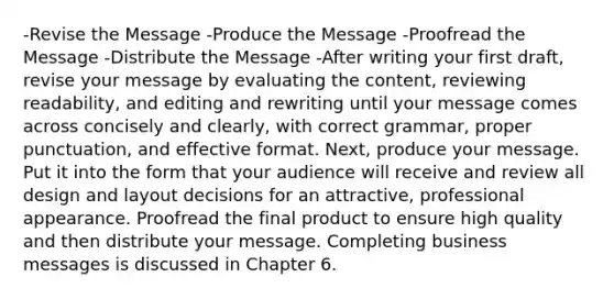 -Revise the Message -Produce the Message -Proofread the Message -Distribute the Message -After writing your first draft, revise your message by evaluating the content, reviewing readability, and editing and rewriting until your message comes across concisely and clearly, with correct grammar, proper punctuation, and effective format. Next, produce your message. Put it into the form that your audience will receive and review all design and layout decisions for an attractive, professional appearance. Proofread the final product to ensure high quality and then distribute your message. Completing business messages is discussed in Chapter 6.