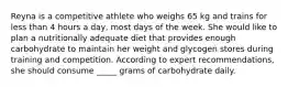 Reyna is a competitive athlete who weighs 65 kg and trains for less than 4 hours a day, most days of the week. She would like to plan a nutritionally adequate diet that provides enough carbohydrate to maintain her weight and glycogen stores during training and competition. According to expert recommendations, she should consume _____ grams of carbohydrate daily.