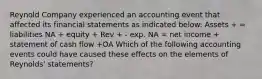 Reynold Company experienced an accounting event that affected its financial statements as indicated below: Assets + = liabilities NA + equity + Rev + - exp. NA = net income + statement of cash flow +OA Which of the following accounting events could have caused these effects on the elements of Reynolds' statements?