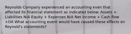 Reynolds Company experienced an accounting even that affected its financial statement as indicated below: Assets + Liabilities N/A Equity + Expenses N/A Net income + Cash flow +OA What accounting event would have caused these effects on Reynold's statements?