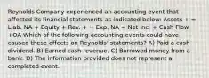 Reynolds Company experienced an accounting event that affected its financial statements as indicated below: Assets + = Liab. NA + Equity + Rev. + − Exp. NA = Net Inc. + Cash Flow +OA Which of the following accounting events could have caused these effects on Reynolds' statements? A) Paid a cash dividend. B) Earned cash revenue. C) Borrowed money from a bank. D) The information provided does not represent a completed event.