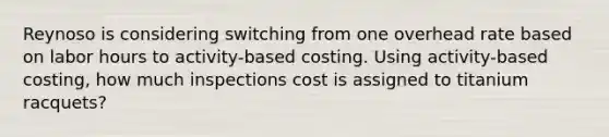 Reynoso is considering switching from one overhead rate based on labor hours to activity-based costing. Using activity-based costing, how much inspections cost is assigned to titanium racquets?