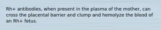 Rh+ antibodies, when present in the plasma of the mother, can cross the placental barrier and clump and hemolyze the blood of an Rh+ fetus.
