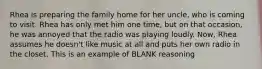 Rhea is preparing the family home for her uncle, who is coming to visit. Rhea has only met him one time, but on that occasion, he was annoyed that the radio was playing loudly. Now, Rhea assumes he doesn't like music at all and puts her own radio in the closet. This is an example of BLANK reasoning