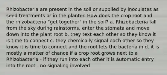 Rhizobacteria are present in the soil or supplied by inoculates as seed treatments or in the planter. How does the crop root and the rhizobacteria "get together" in the soil? a. Rhizobacteria fall from the sky during rainstorms, enter the stomata and move down into the plant root b. they text each other so they know it is time to connect c. they chemically signal each other so they know it is time to connect and the root lets the bacteria in d. it is mostly a matter of chance if a crop root grows next to a Rhizobacteria - if they run into each other it is automatic entry into the root - no signaling involved