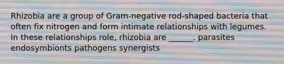 Rhizobia are a group of Gram-negative rod-shaped bacteria that often fix nitrogen and form intimate relationships with legumes. In these relationships role, rhizobia are ______. parasites endosymbionts pathogens synergists