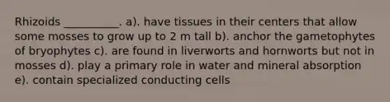 Rhizoids __________. a). have tissues in their centers that allow some mosses to grow up to 2 m tall b). anchor the gametophytes of bryophytes c). are found in liverworts and hornworts but not in mosses d). play a primary role in water and mineral absorption e). contain specialized conducting cells