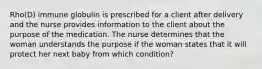 Rho(D) immune globulin is prescribed for a client after delivery and the nurse provides information to the client about the purpose of the medication. The nurse determines that the woman understands the purpose if the woman states that it will protect her next baby from which condition?