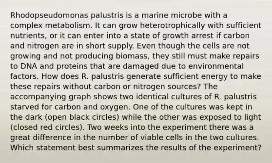 Rhodopseudomonas palustris is a marine microbe with a complex metabolism. It can grow heterotrophically with sufficient nutrients, or it can enter into a state of growth arrest if carbon and nitrogen are in short supply. Even though the cells are not growing and not producing biomass, they still must make repairs to DNA and proteins that are damaged due to environmental factors. How does R. palustris generate sufficient energy to make these repairs without carbon or nitrogen sources? The accompanying graph shows two identical cultures of R. palustris starved for carbon and oxygen. One of the cultures was kept in the dark (open black circles) while the other was exposed to light (closed red circles). Two weeks into the experiment there was a great difference in the number of viable cells in the two cultures. Which statement best summarizes the results of the experiment?