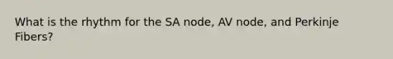 What is the rhythm for the SA node, AV node, and Perkinje Fibers?