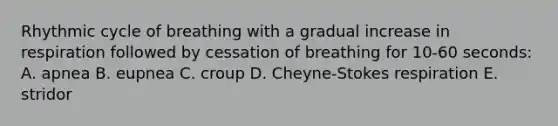 Rhythmic cycle of breathing with a gradual increase in respiration followed by cessation of breathing for 10-60 seconds: A. apnea B. eupnea C. croup D. Cheyne-Stokes respiration E. stridor