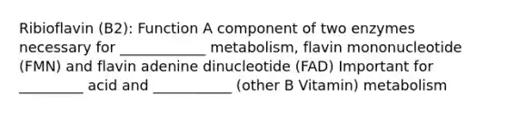 Ribioflavin (B2): Function A component of two enzymes necessary for ____________ metabolism, flavin mononucleotide (FMN) and flavin adenine dinucleotide (FAD) Important for _________ acid and ___________ (other B Vitamin) metabolism