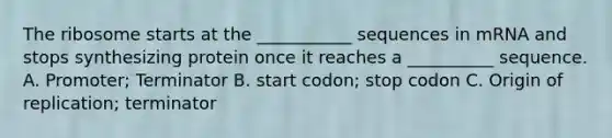 The ribosome starts at the ___________ sequences in mRNA and stops synthesizing protein once it reaches a __________ sequence. A. Promoter; Terminator B. start codon; stop codon C. Origin of replication; terminator